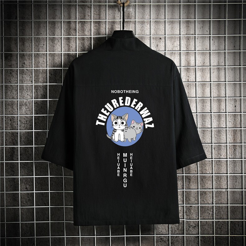 HF59160-P40风汉服男开衫外套七分袖道袍网格挂拍,男装民族服装,电商A040A