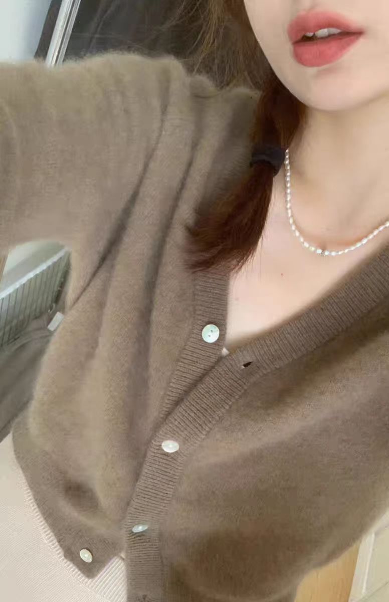 气质V领短款针织开衫女春秋宽松显瘦毛衣外套小个子羊毛外搭,针织衫/毛衣,恒恩羊绒
