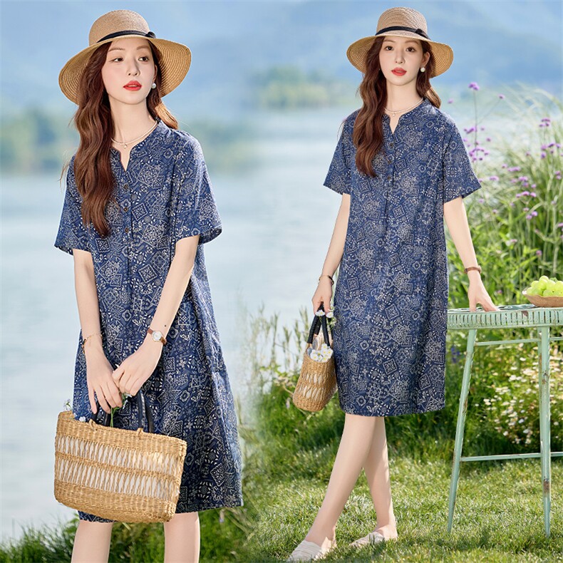 现货2025年夏季文艺复古优雅印花中长款妈妈连衣裙,女装连衣裙,依恋蒂丝