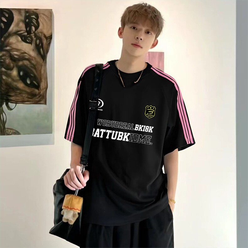 抖音得物品质二开240克宽松纯棉美式潮牌印花三条杠中性风短袖T恤,男装T恤,电商A486-1