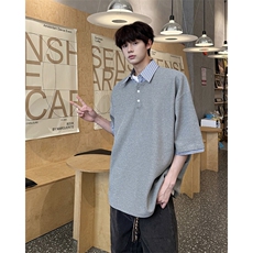 8XL-M假两件衬衫领短袖T恤大码夏季条纹拼接polo衫半袖DX1211/P45，男装Polo衫，电商B238