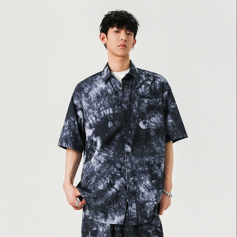 扎染短袖衬衫外套春夏街头复古衬衫痞帅新款A406C6050特P38,男装衬衫,星座309（原A406）