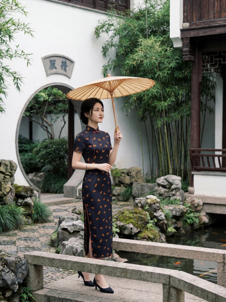 夏季新品时尚气质金丝提花香云纱品质真丝喜庆中长款旗袍裙,女装汉服/婚纱/旗袍/礼服,媚琳依坊