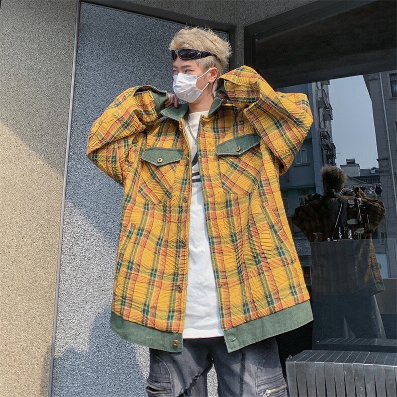 港风春款男夹克条纹格子拼色工装口袋休闲外套JK842P70,男装夹克,星座1013-1