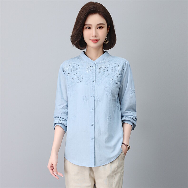 绣花长袖衬衫女2023秋装新款立领镂空棉衬衣修身显瘦气质，女装大码女装，奕阳依阁