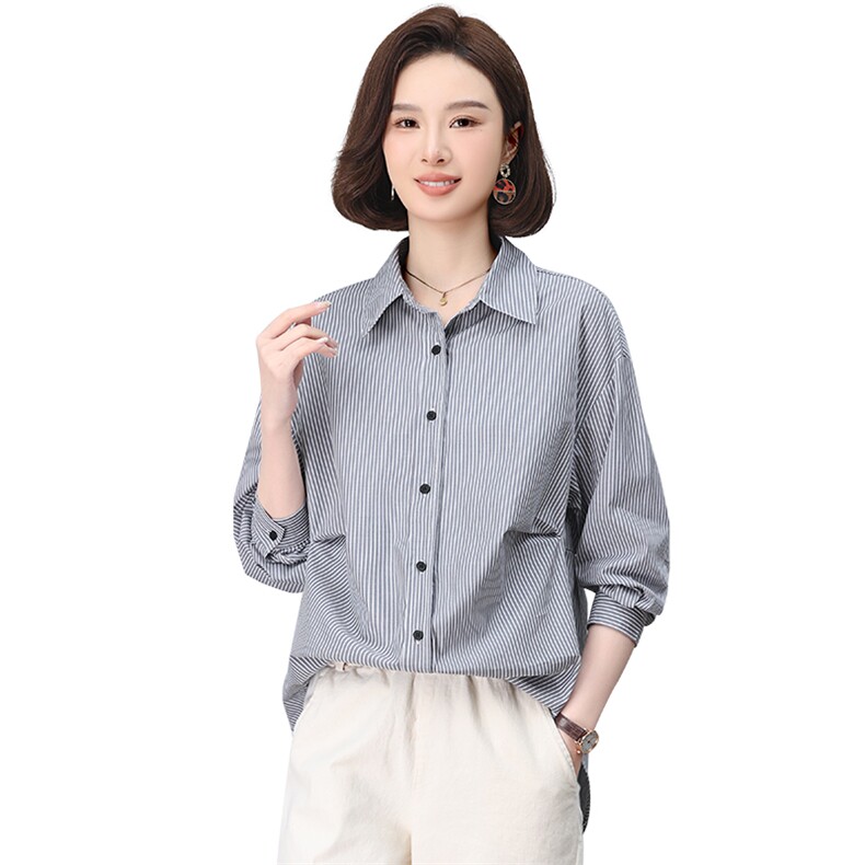 啄木鸟条纹衬衫女中长款2025春秋新款上衣遮屁股洋气长袖纯棉衬衣,女装衬衫,小林双子