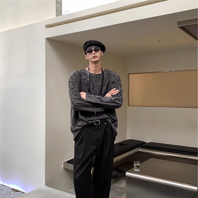695-P30慵懒风破洞拉丝卫衣男小众宽松长袖t恤松弛感网眼镂空,男装T恤,电商B323A