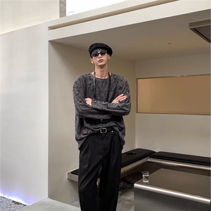 695-P30慵懒风破洞拉丝卫衣男小众宽松长袖t恤松弛感网眼镂空