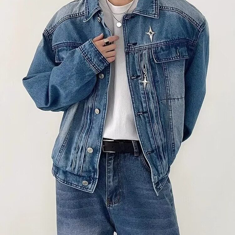 春秋季小众金属垫肩牛仔夹克男宽松水洗做旧美式复古短款外套潮牌,男装夹克,星座218-1（原230）