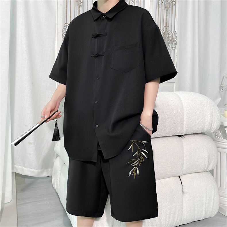 TZ96771/P60夏季新款新中式风盘扣刺绣衬衣短裤套装男冰丝两件套，男装休闲套装，电商A141