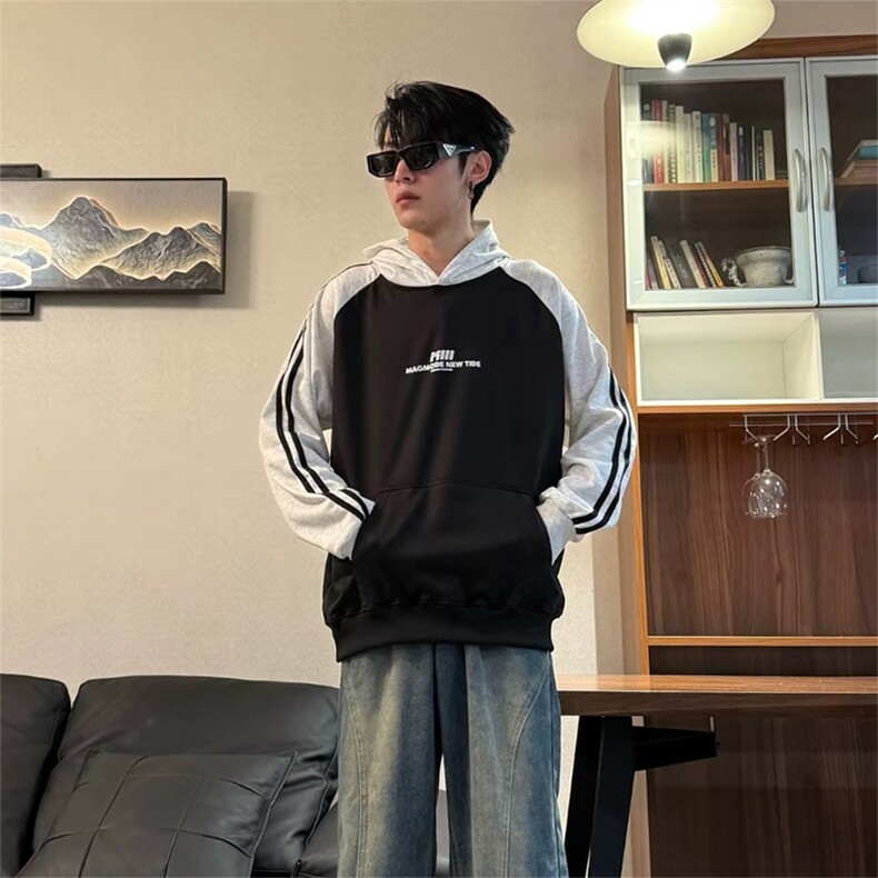 抖音得物高品质支持退换480克全棉加绒加厚宽松织带印花卫衣A0803,男装卫衣,电商A443
