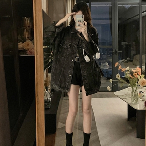 男女港风牛仔外套春秋款设计感宽松显瘦中长款烟灰夹克衫C753-88图片