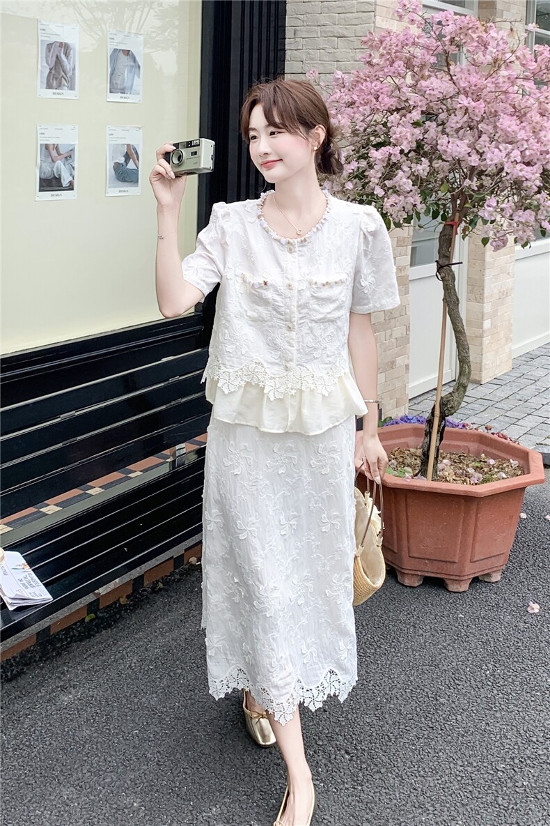 2026夏季新款套装裙女夏季法式温柔风蕾丝提花上衣半身裙两件套,女装套装/套裙,霓裳依族