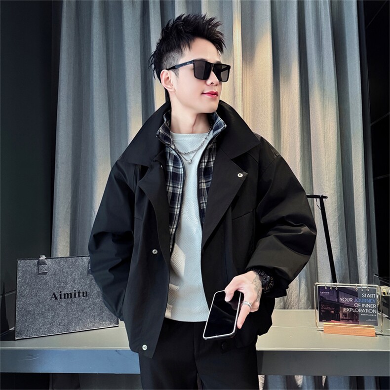 MY9006-P148控198拼接棉衣男高级加厚假两件格子棉服外套秋冬新款图片