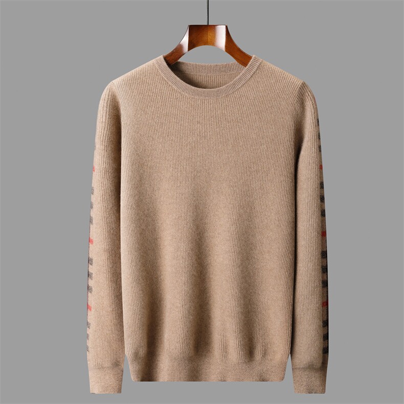 2025秋冬百搭时尚简约袖子方格提花针织衫，男装羊绒套衫，盛欣羊绒