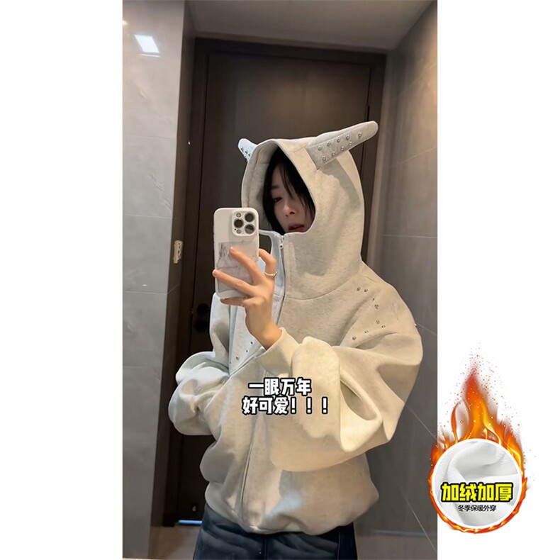 480G重磅加绒硬挺boxy男女美式高街卫衣铆钉杜宾犬耳朵开衫厚外套,女装短外套,电商A486-1