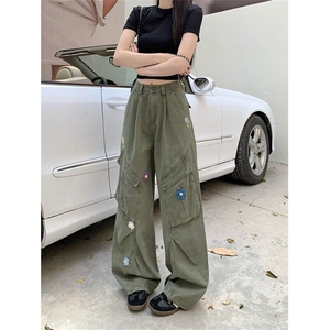 kumikumi美式复古花朵刺绣牛仔裤男女春季高腰直筒阔腿裤 NA229图片