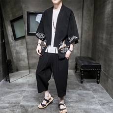 A611P75室内风2024春夏装新款七分袖七分裤仙鹤刺绣宽松汉服套装，男装T恤，电商A026