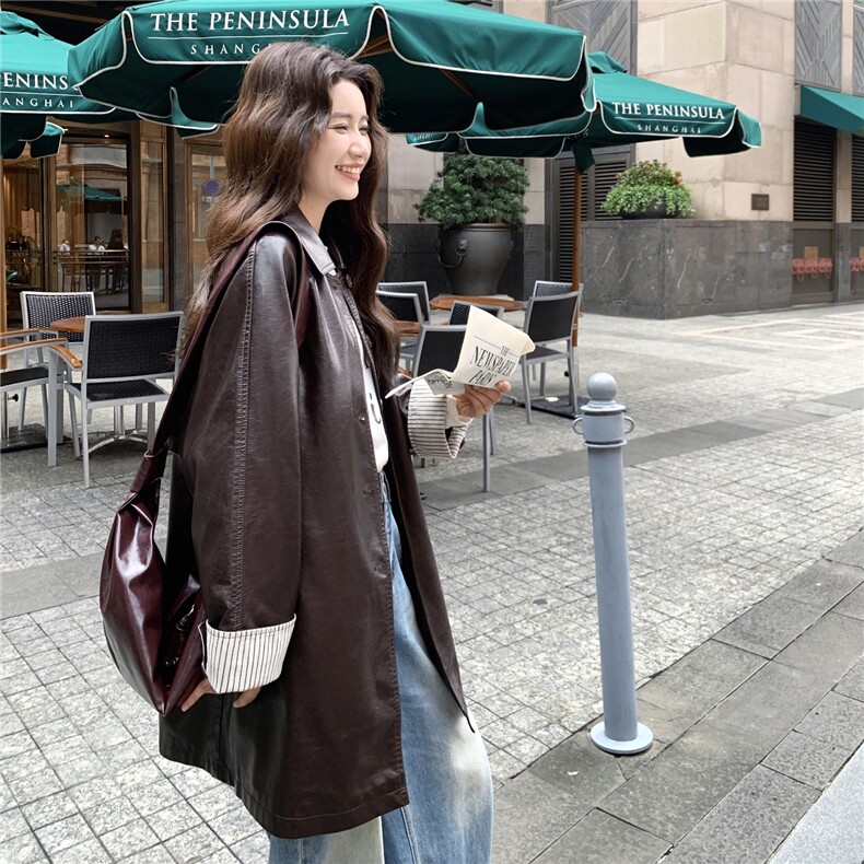 巨好看条纹拼接翻领风衣式皮衣外套女春秋季2025新款韩系绝美大衣,女装皮衣,2C261