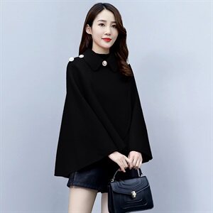 时尚百搭斗篷式毛呢大衣女秋冬季新款宽松显瘦披肩外套图片