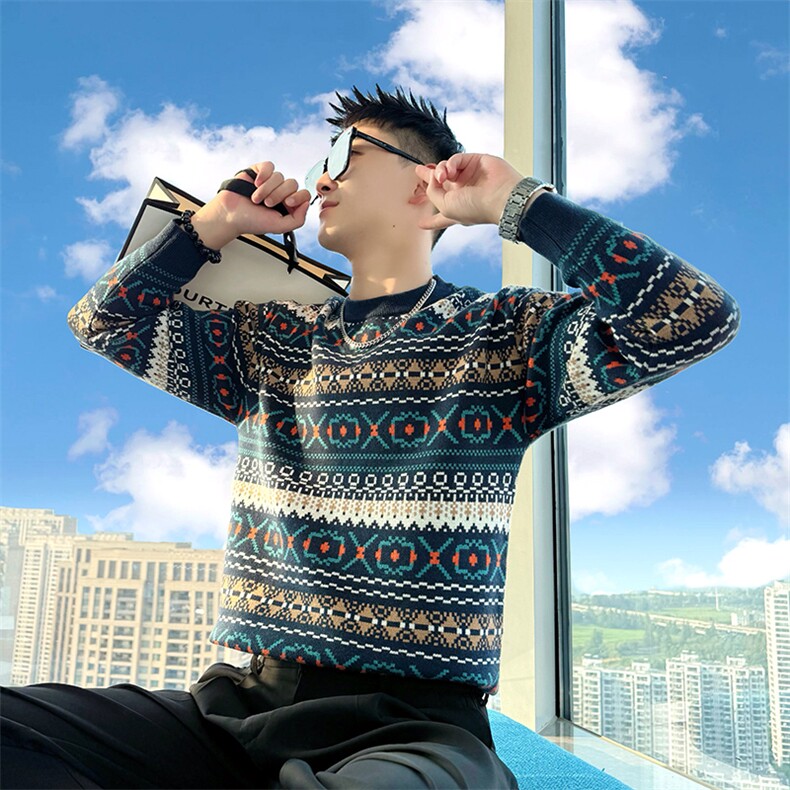 AM309/P85控115冬季社会小伙民族风百搭保暖撞色打底毛衣男黑咖首,男装T恤,星座305B-1