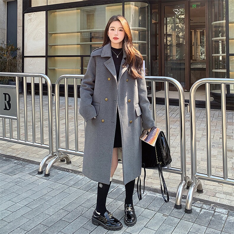 灰色中长款夹白鸭绒毛呢外套女2023冬季新款高级感设计加厚呢大衣,女装毛呢外套,辉之琳