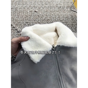 现货重磅硬挺boxy羽绒棉衣座山雕羊羔毛领洗水麂皮棉服冬外套图片