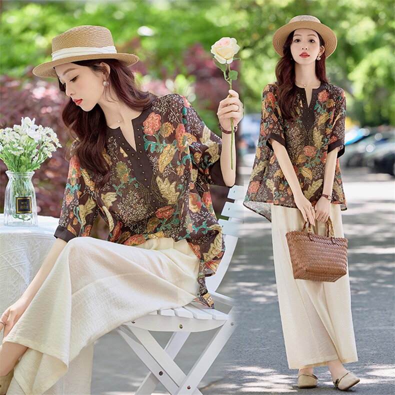 印花大码V领衬衫女短袖2026夏装新款中年妈妈装洋气宽松遮肉上衣,女装套装/套裙,水衣源