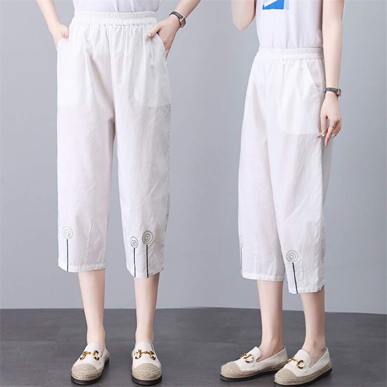 棉麻七分裤女2023夏季薄款大码宽松休闲裤中年妈妈刺绣显瘦哈伦裤,女装大码女装,奕阳依阁