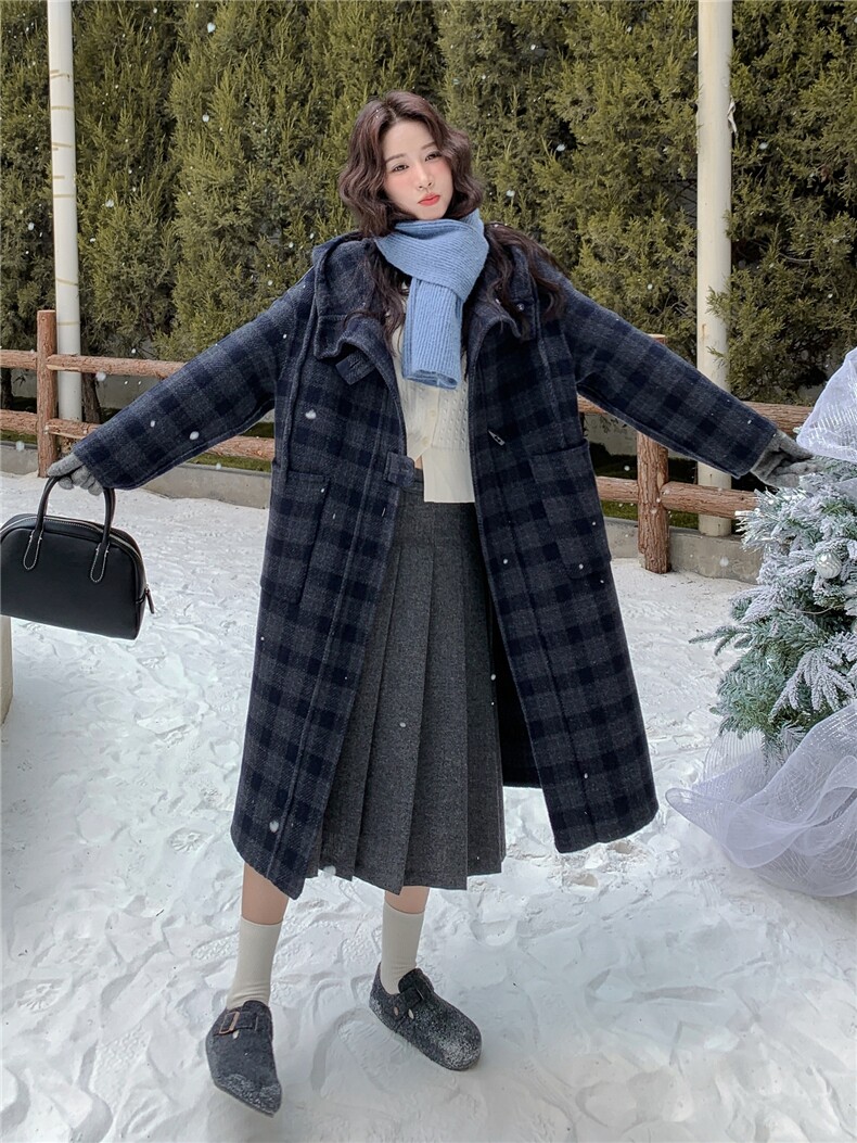 牛角扣格纹连帽双面呢大衣女2025冬新款复古学院风小个子毛呢外套,女装毛呢外套,慧尚2-185