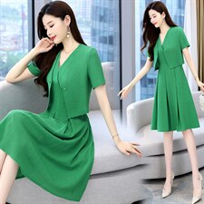 现货新款女装时尚气质修身显瘦日韩通勒外套无袖连衣裙两件套，女装套装/套裙，韩美纤衣