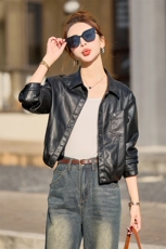 短款皮衣短外套修身常规拼贴/拼接春秋欧美风显瘦时尚休闲百搭，女装皮衣，简古