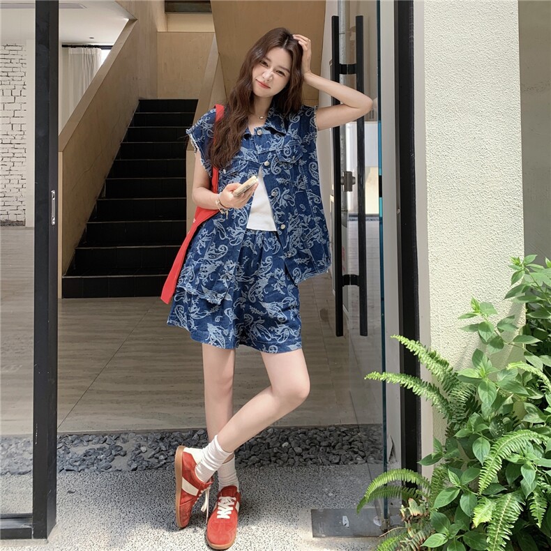 酷盐系时尚印花牛仔套装女2025夏季新款高级感马甲短裤休闲两件套,女装套装/套裙,2C283