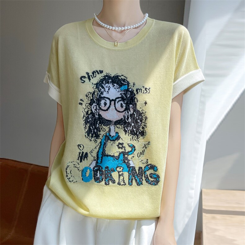 夏季新款竹节麻卷发眼镜女孩短袖女修身显瘦百搭时尚休闲上衣潮,女装T恤,暖娇绒包芯纱店