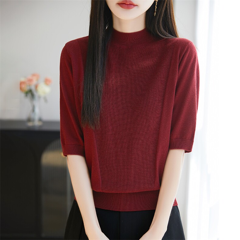半高领桑蚕丝精纺羊毛针织五分袖上衣女竖纹短袖T恤宽松打底半袖,女装T恤,暖烁羊绒