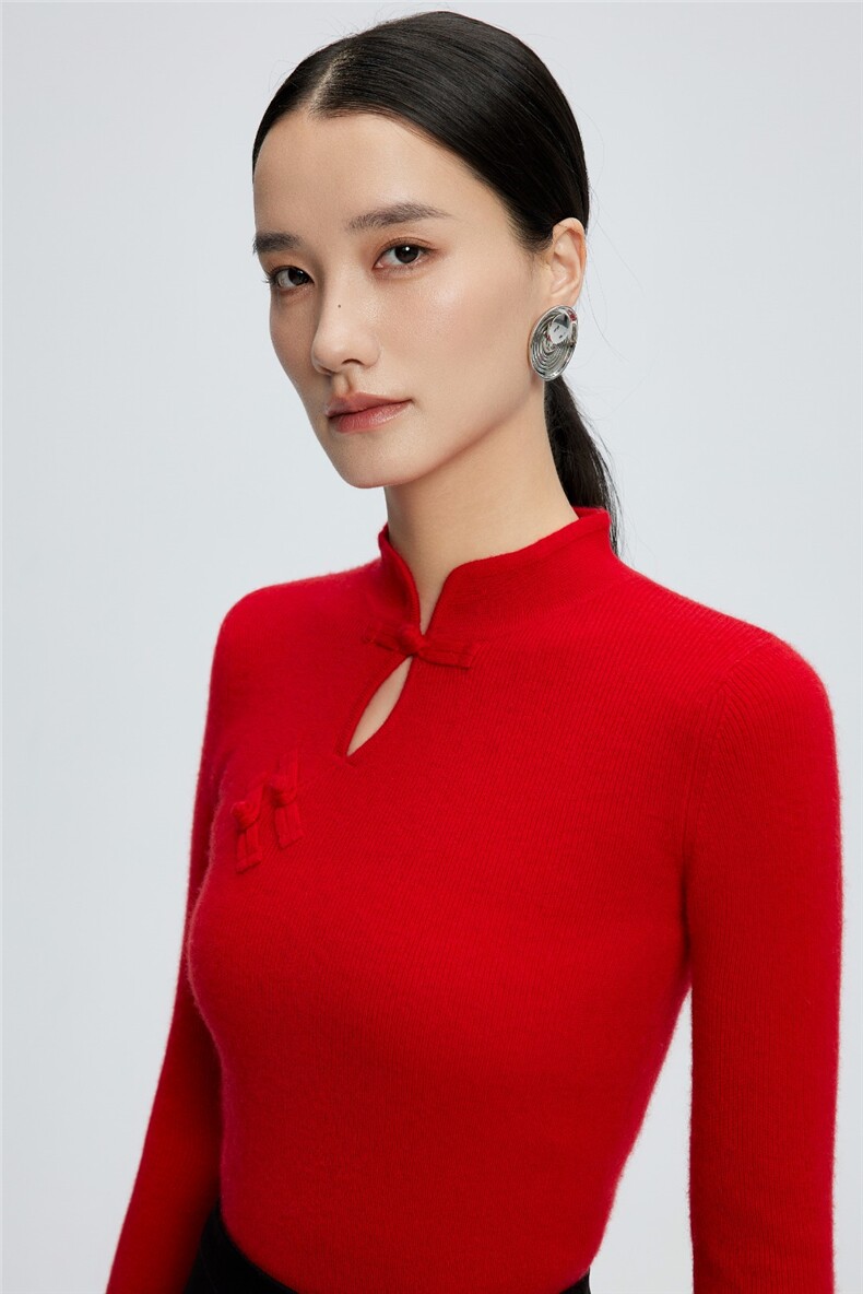 新中式水滴领针织衫女秋冬新款半高领修身上衣,针织衫/毛衣,玛卡隆羊绒