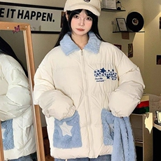 韩系学院风polo领毛茸围巾棉衣外套女学生冬季新款氛围感百搭棉服，男装棉衣，星座218-8