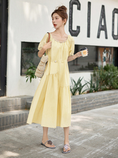 韩国设计感串珠收腰中长款气质显瘦法式泡泡袖连衣裙女依歌贝诺夏，女装连衣裙，意芙