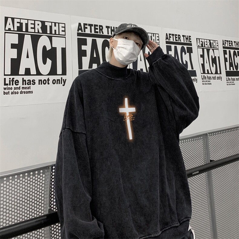 水洗做旧加绒加厚卫衣男23冬季高领十字架打底衫XZ514-2-X53-P78,男装T恤,星座514-2(原B239)