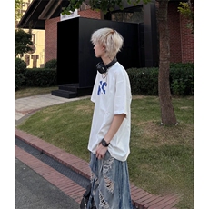 抖音得物210克现货宽松纯棉美式潮牌印花落肩袖纯棉T恤AT21142，男装T恤，电商A443