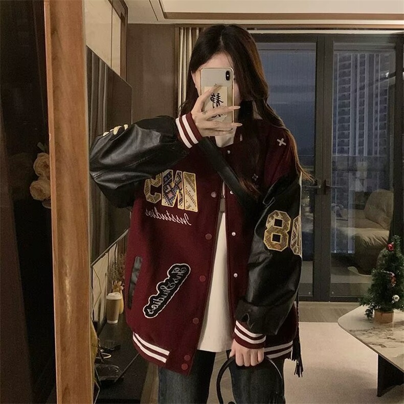 A535-P88 秋季新款重磅加厚皮袖夹克男女同款刺绣上衣图片