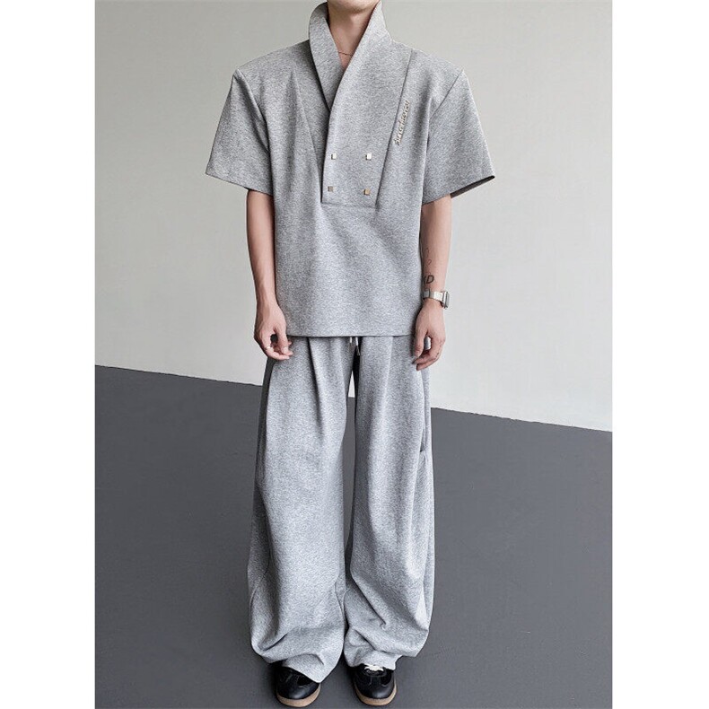 现货！25青果领男垫肩金属扣polo短袖T恤套装TZ21裤子p78衣服p68，男装休闲套装，电商B288