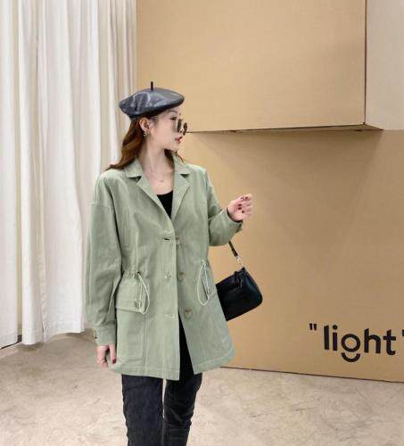 香丽迪抽绳收腰风衣女春夏新款绿色小个子休闲外套中长，女装风衣，香丽迪1