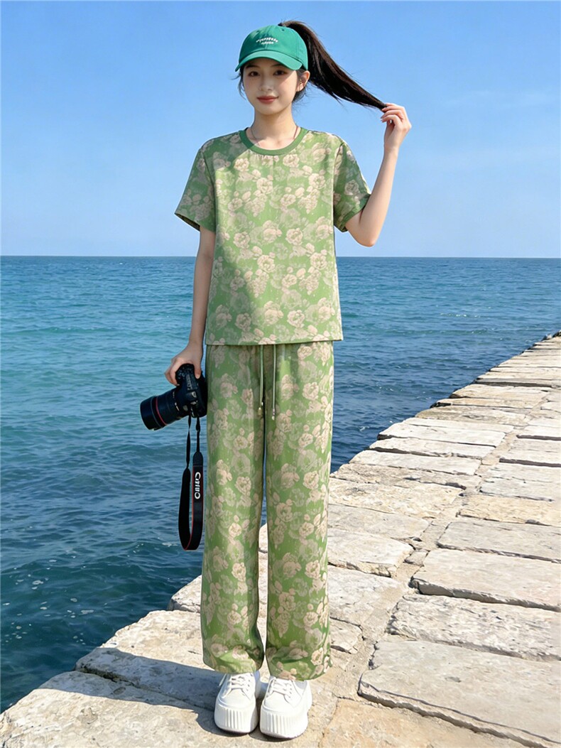 女夏季新款高端时尚花色短袖T恤套装宽松显瘦抽绳阔腿裤两件套潮,女装套装/套裙,江南
