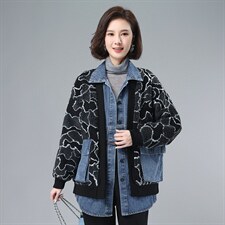 2021年冬季通勤宽松加绒长袖文艺拼接牛仔颗粒绒外套，女装卫衣/绒衫，叶笙衣