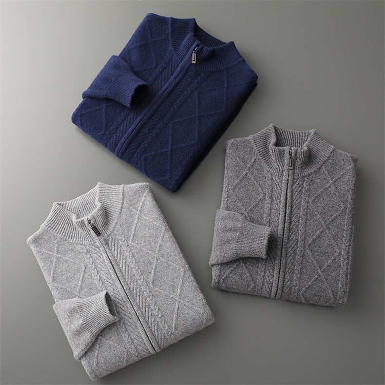 秋冬新款男羊毛衫舒适时尚百搭拉链开衫经典格纹设计保暖修身显瘦，男装羊毛衫，牧圣羊绒