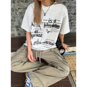 1506/QC15630/P40美式街头潮牌设计感手绘涂鸦复古T恤男女夏季图片