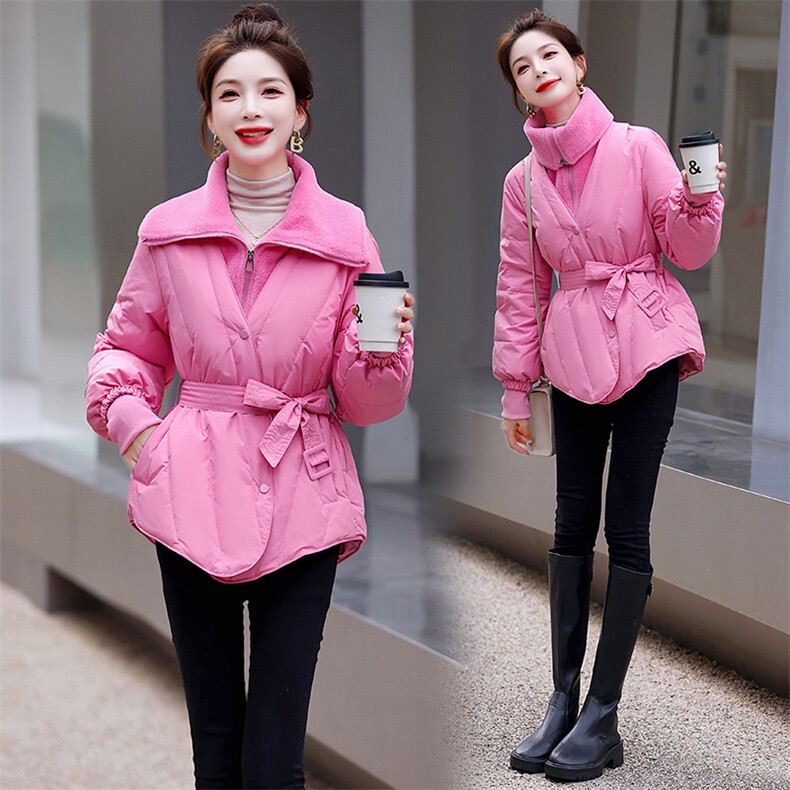 时尚拼接短款羽绒服女2023年冬季新款收腰显瘦小个子白鸭绒外套，女装羽绒服，润尚靓点