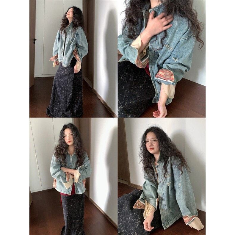 25新款春秋美式做旧格子撞色水洗牛仔外套男女百搭设潮牌宽松夹图片