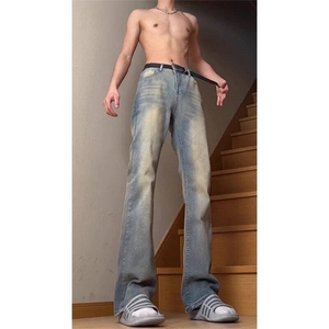复古蓝直筒牛仔裤男美式高街vibe裤子cleanfit修身窄版微喇弯刀裤图片